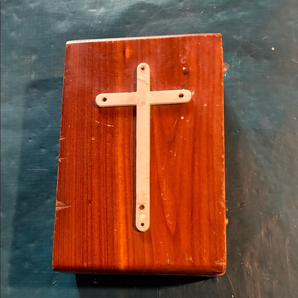 Vintage Mini Cedar Wooden Box with White Cross, is Missing Jesus
